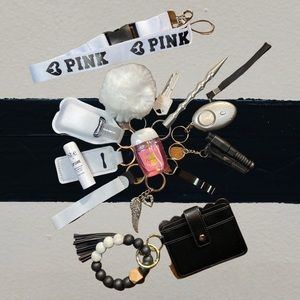 White Safety Keychain with White Pink Lanyard & Black ID Wristlet Set
